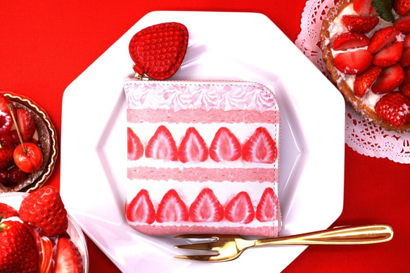 ピンクショートケーキなL字ファスナーコンパクト財布(牛革製 ピンクショートケーキなL字ファスナーコンパクト財布(牛革製