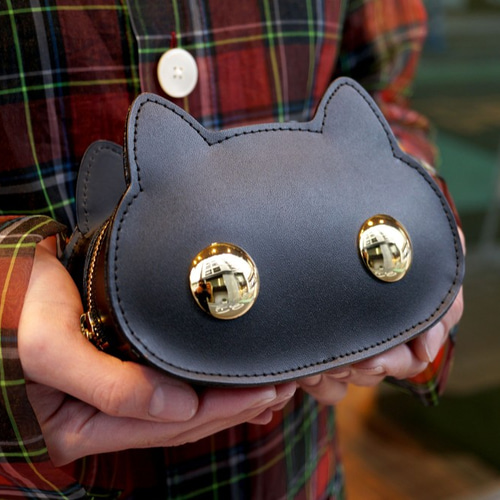 セール】ねこすめぽーち｜黒猫（猫顔の牛革製コスメポーチ