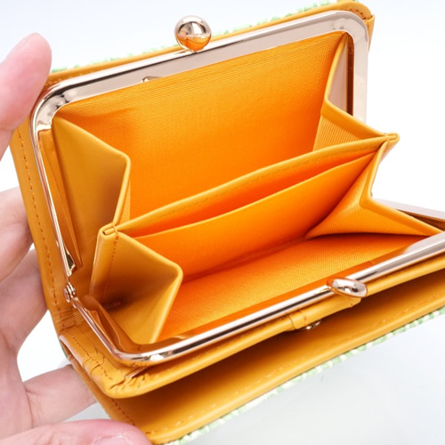 赤肉メロンな2つ折りがま口財布(夕張メロン)牛革製 二つ折り財布