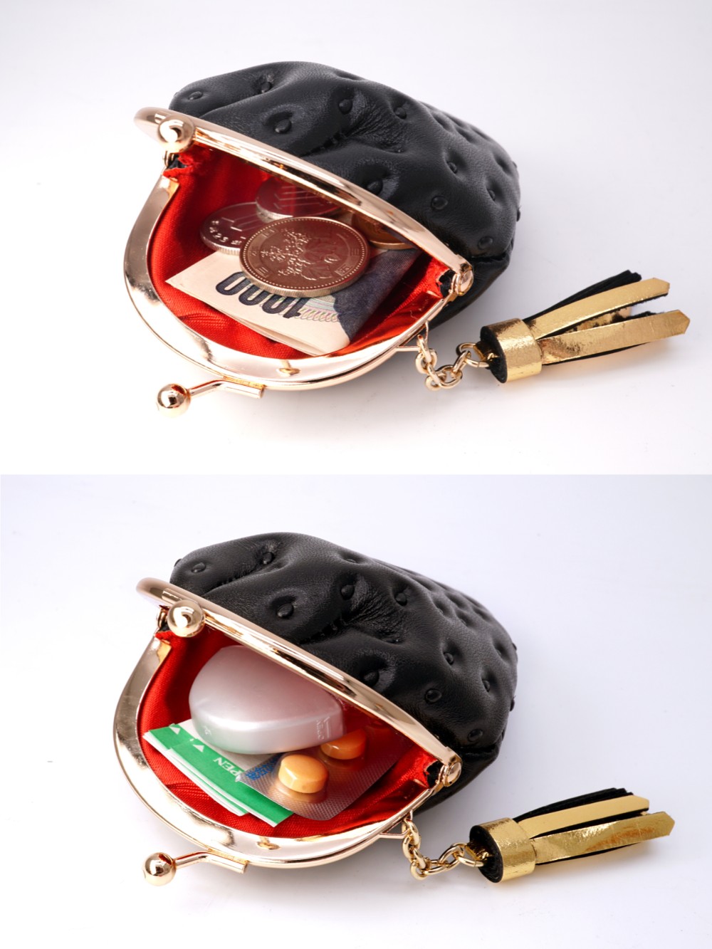 黒苺がま口小銭入れ（牛革製）