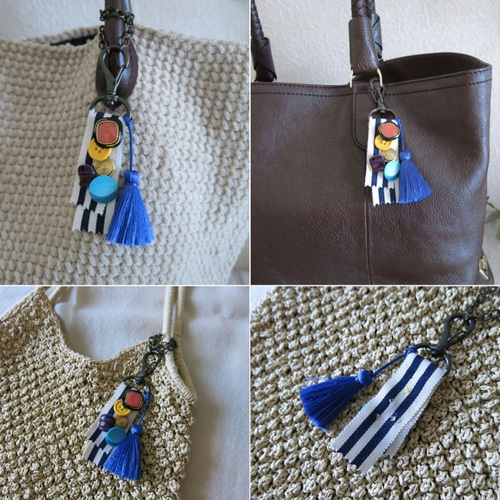 ネイビー×生成り グログランリボンとレトロボタン×タッセル バッグ  