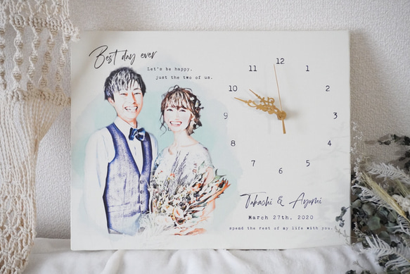 水彩風似顔絵×キャンバス時計　結婚式 ウェディング 結婚祝い 贈り物 写真 1枚目の画像