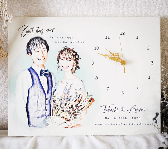 水彩風似顔絵×キャンバス時計　結婚式 ウェディング 結婚祝い 贈り物 写真 2枚目の画像