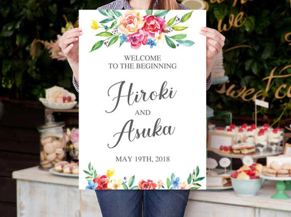 海外風デザイン〜水彩フラワー印刷ウェルカムボード/結婚式