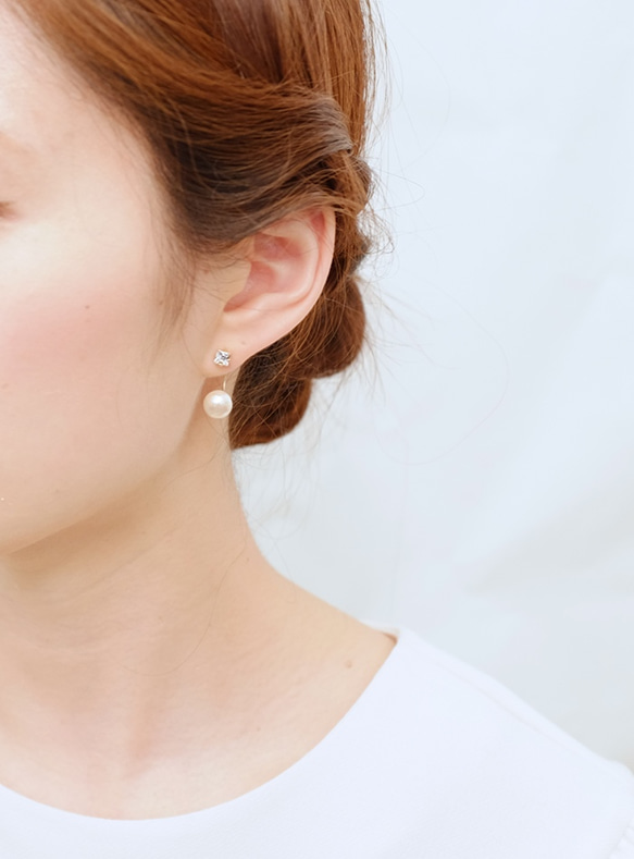 <p_7>小巧的方形施華洛世奇與棉珍珠耳扣的耳環◇白水晶 第2張的照片