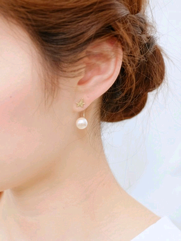 2WAY☆不規則扁平星星的漂浮棉珍珠耳環托 耳環(雙耳用) 第5張的照片
