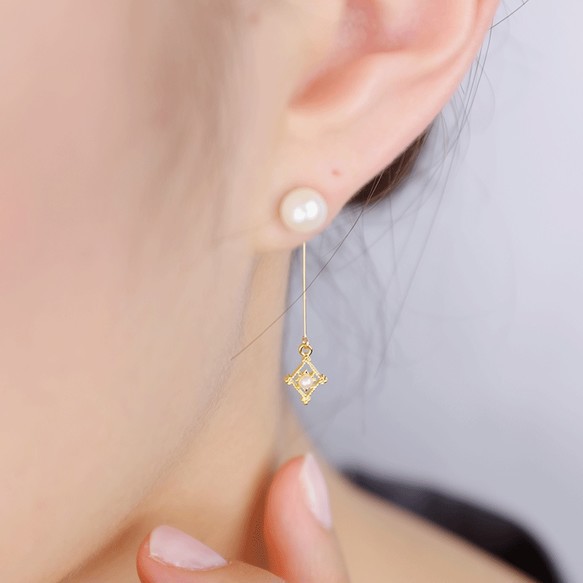 14kgf耳環or夾式耳環・耳環鑽石造型◇金屬線耳扣的珍珠耳環釘狀耳環