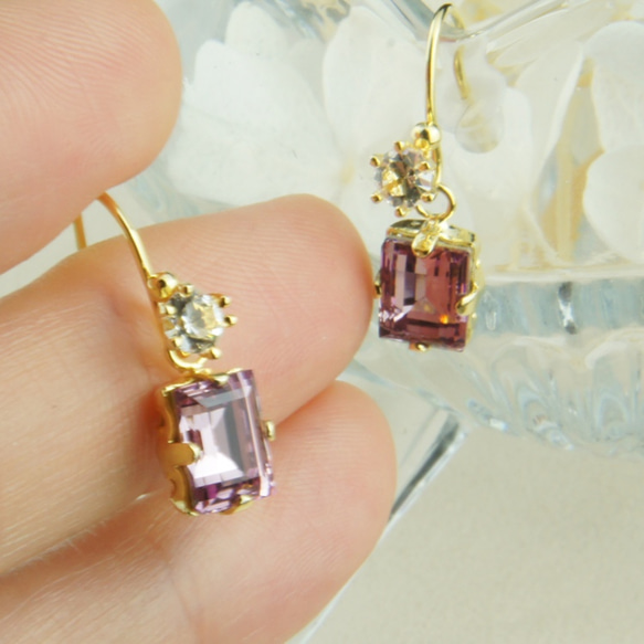 四角施華洛世奇的勾針耳環”淡紫水晶” 第2張的照片