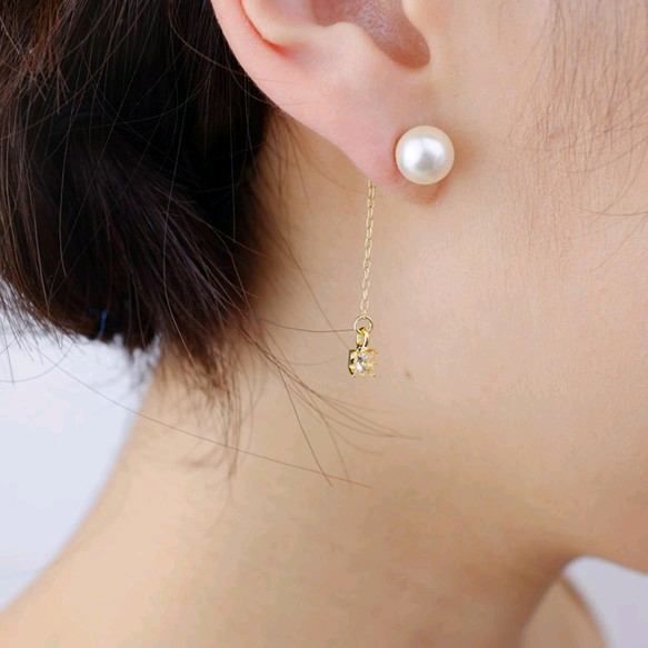 搖曳方晶鋯石與珍珠的耳環 第3張的照片