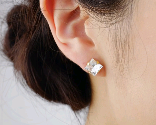 K14WG クリスタルピアス 透明 スクエア型 ピアスorイヤリング◇一粒スクエアクリスタルガラス<87> ピアス