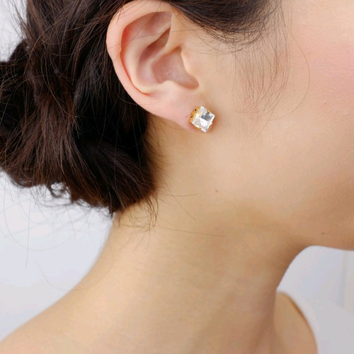 K14WG クリスタルピアス 透明 スクエア型 ピアスorイヤリング◇一粒スクエアクリスタルガラス<87> ピアス