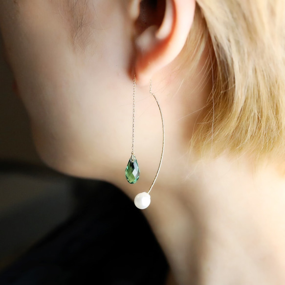 耳環或耳環 ◇ Erinite 綠色水滴水晶 &amp; 珍珠捕獲美國 &lt;407&gt; 第1張的照片