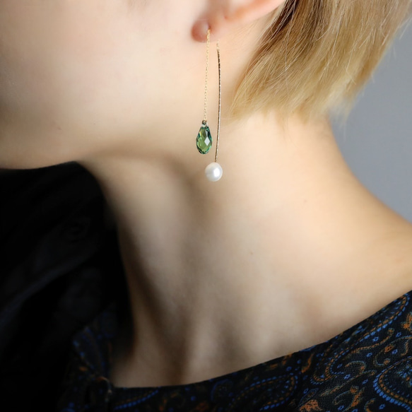 耳環或耳環 ◇ Erinite 綠色水滴水晶 &amp; 珍珠捕獲美國 &lt;407&gt; 第5張的照片