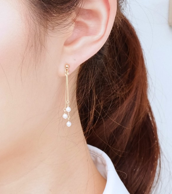 14kgfピアスorイヤリング◇小粒パールスティックピアス 金属アレルギー