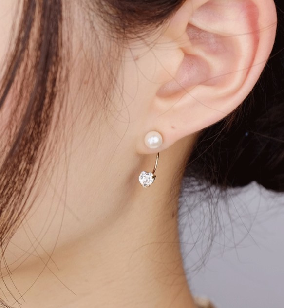 14kgf 耳環或耳環 ◇珍珠與懸垂心型水晶背扣 &lt;6&gt; 第5張的照片