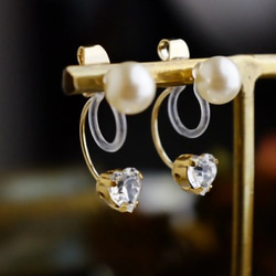14kgf 耳環或耳環 ◇珍珠與懸垂心型水晶背扣 &lt;6&gt; 第9張的照片