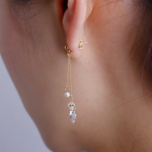 14kgf耳環或耳環 ◇ 水滴水晶和小珍珠棒線 &lt;47&gt; 第5張的照片