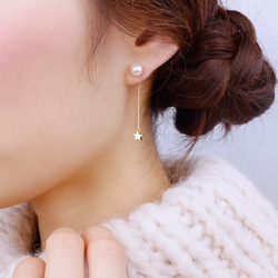 <n_1>【耳夾式耳環(仿耳針矽膠耳夾款) 或 耳針式】珍珠與小星星金屬線耳扣的珍珠耳環 第1張的照片