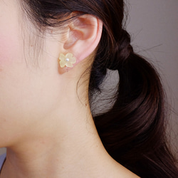 <n_60> [耳環（樹脂無孔穿孔型）]“黃色”花朵和珍珠背耳環 第1張的照片
