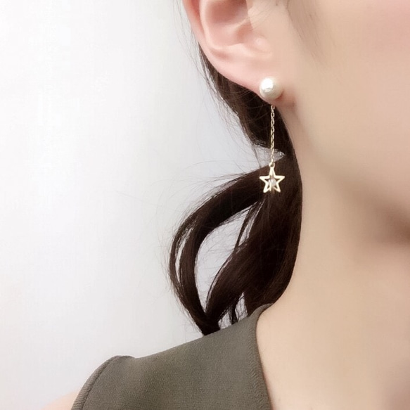 【耳環】Sway frame star & Cotton pearl pierce 第1張的照片