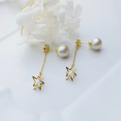 【耳環】Sway frame star & Cotton pearl pierce 第2張的照片