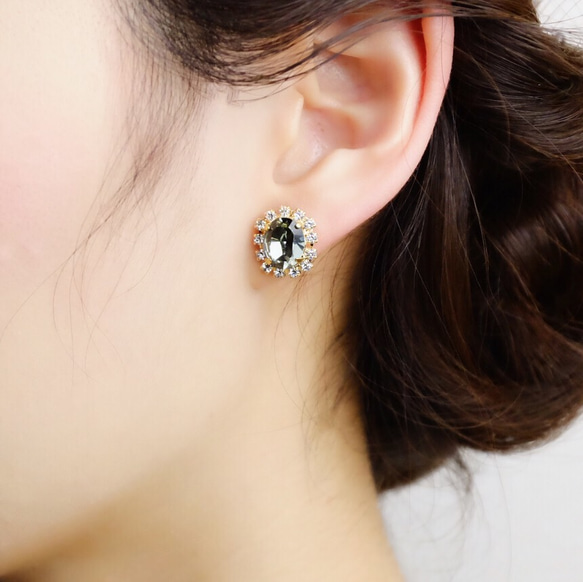 <n_14> [耳環（樹脂無孔穿孔型）]橢圓形bijoux“黑鑽石顏色” 第4張的照片