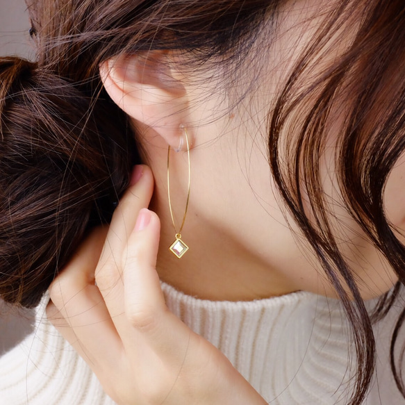 14kgf 圈形耳環或耳環 ◇Aurora Crystal Olive Hoop Gold Filled Hypoallerge 第4張的照片
