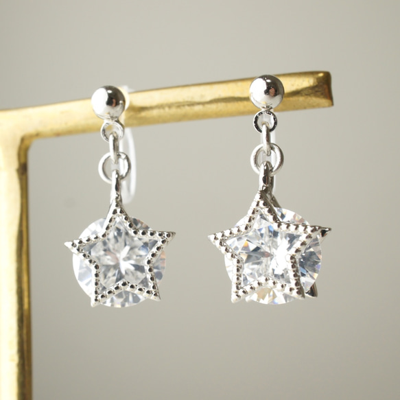 數量有限<n_230>[耳環（樹脂無孔）] Zirconia star frame hook earrings 第1張的照片