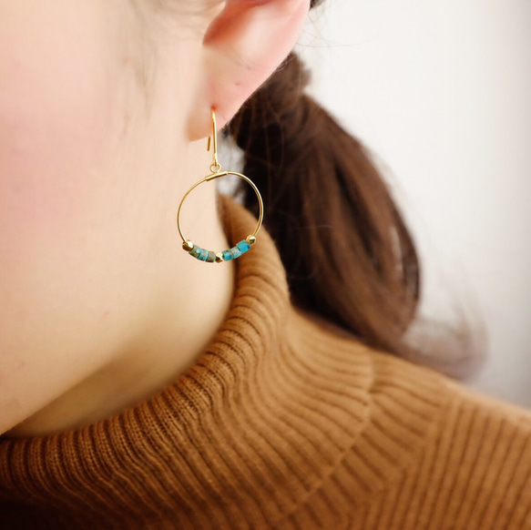 &lt;251&gt;限量版綠松石珠圓形耳環（可更換14kgf鉤） 第5張的照片