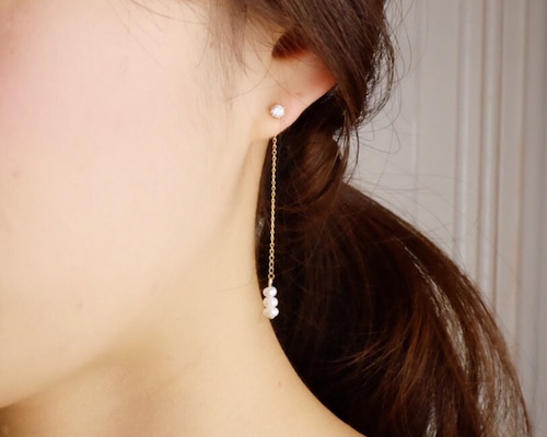 14kgf 淡水パールとアメトリンのピアス アメトリン & 3連淡水パール ロングピアス 14kgf 【神聖幾何学