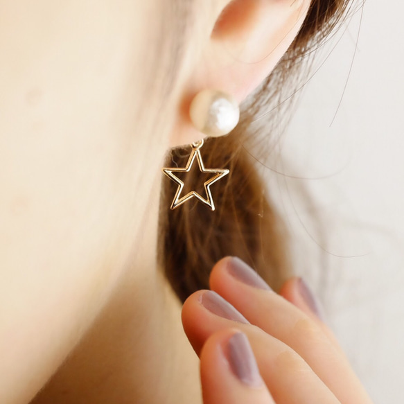 <p_314>鏡框星星和棉質珍珠耳環 第2張的照片