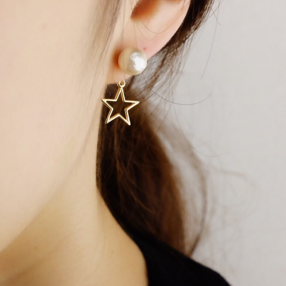 <p_314>鏡框星星和棉質珍珠耳環 第4張的照片