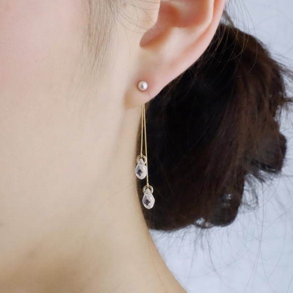 【夾式耳環】兩滴施華洛世奇水滴的垂線耳後裝飾夾式耳環 第2張的照片