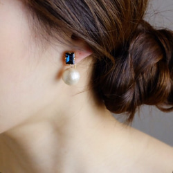 <n_32>晃來晃去的棉珍珠背掛式耳環〜藍色或水晶〜 第4張的照片