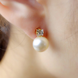 <n_355>【夾式耳環(矽膠耳夾款)或耳針耳環】較大的珍珠tradstyle施華洛世奇水晶×水晶珍珠耳環 第3張的照片