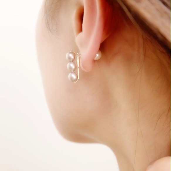 14kgf耳環或耳環 ◇ 3顆珍珠連排～古銅色～<h5> 第9張的照片