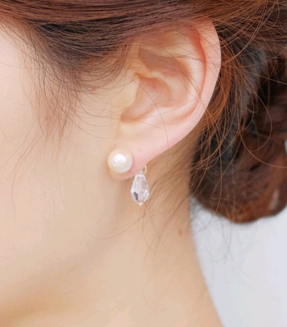 ◇２WAY◇棉珍珠與水滴水晶耳環 第2張的照片