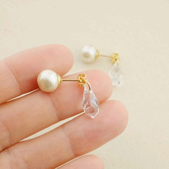 ◇２WAY◇棉珍珠與水滴水晶耳環 第3張的照片