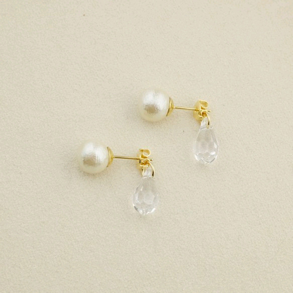 ◇２WAY◇棉珍珠與水滴水晶耳環 第4張的照片