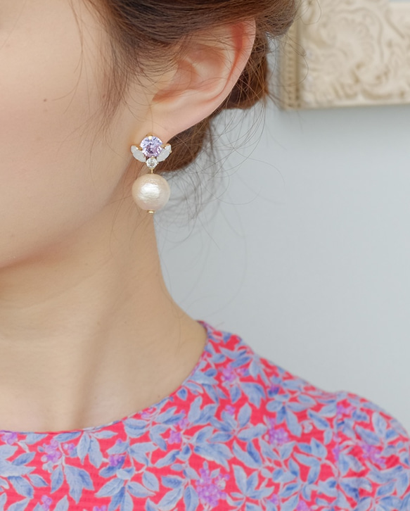施華洛世奇&棉珍珠珠寶耳環 Fleur  "Violet" 第2張的照片
