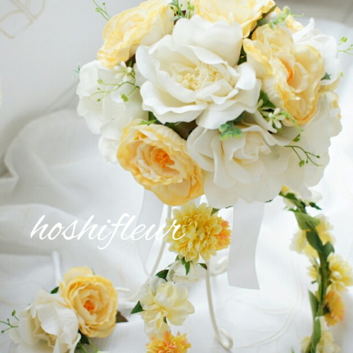 ♡ブーケ&花冠3点セット♡ブーケ+ブートニア+花冠(黄色、バラ、結婚式 