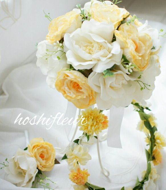 ♡ブーケ&花冠3点セット♡ブーケ+ブートニア+花冠(黄色、バラ、結婚式