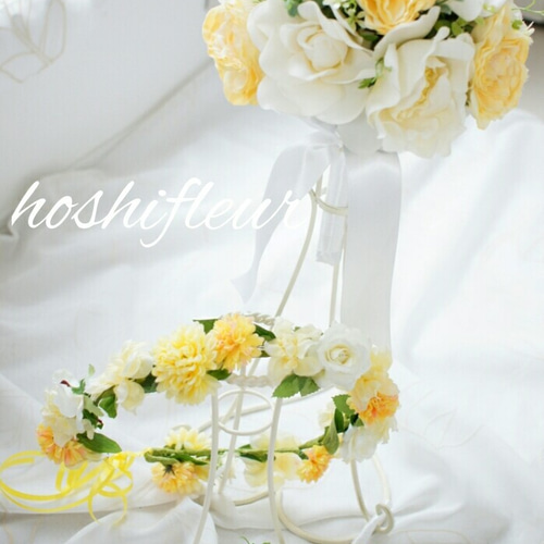 ♡ブーケ&花冠3点セット♡ブーケ+ブートニア+花冠(黄色、バラ、結婚式  