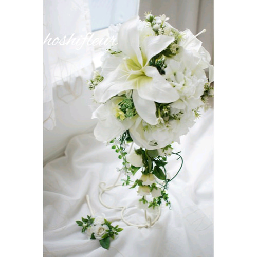 ウェディングブーケ ユリブーケ ブートニア付き ユリの