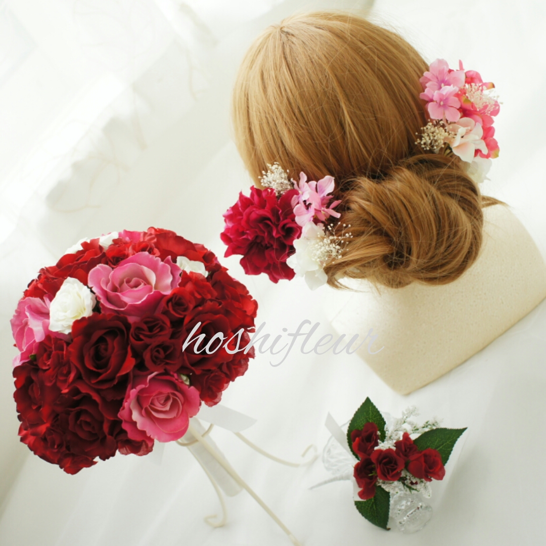 赤ウエディングブーケ赤+ブートニア+ヘアパーツ♡ウェディングブーケ赤ブーケ赤結婚式ブーケ赤