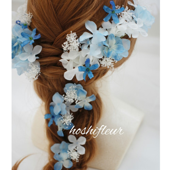結婚式ヘアパーツ♡青ヘアパーツ青ヘッドドレス青髪飾り水色ヘアパーツ水色髪飾り 3枚目の画像