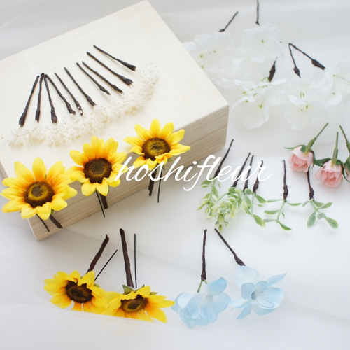 ひまわりウエディングブーケ+ブートニア+髪飾り♡ウェディングブーケ