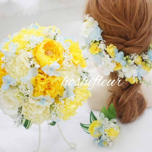 ナチュラル黄水色ブーケ+ヘアパーツ+ブートニア♡ウエディングブーケ