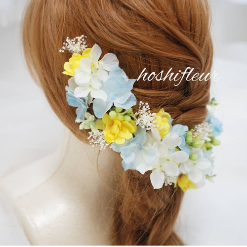 ナチュラル黄水色ブーケ+ヘアパーツ+ブートニア♡ウエディングブーケ