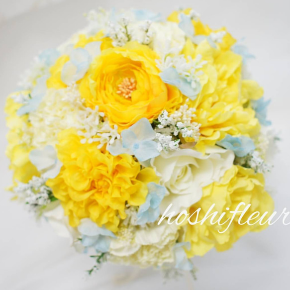 ナチュラル黄水色ブーケ+ブートニア♡ウエディングブーケウェディング